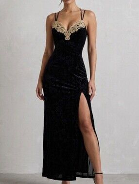 Vintage Nu-mode Black Maxi Dress with Gold Lace Accents